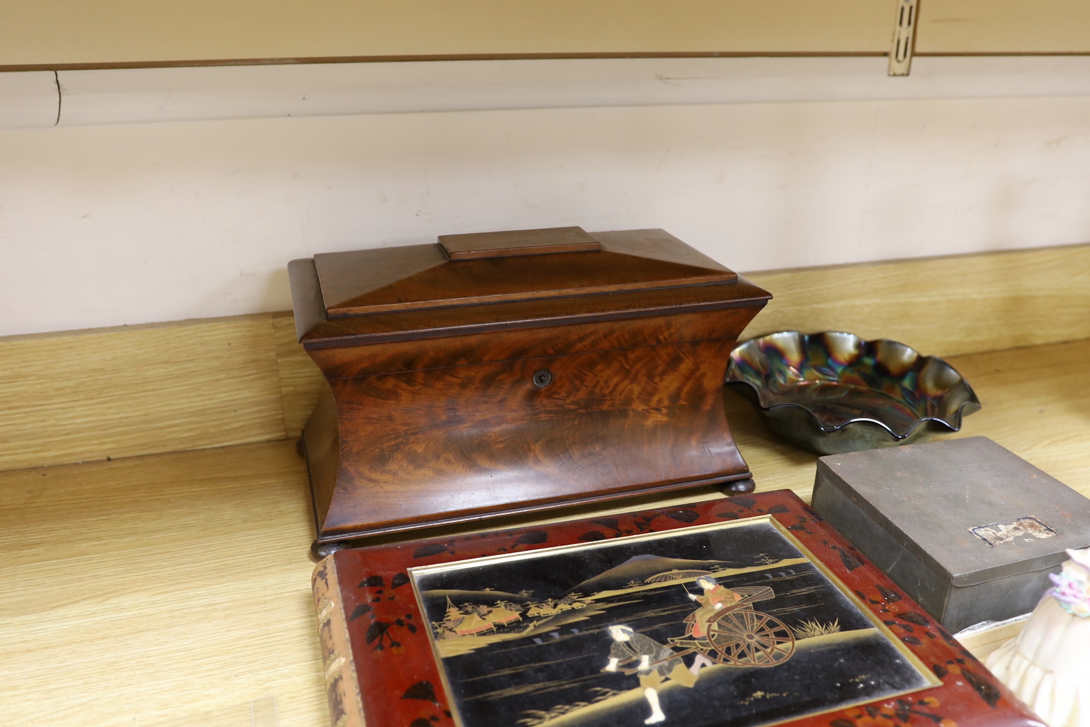 A mahogany veneered sarcophagus shaped tea caddy, a Japanese lacquer album, together miscellaneous ceramics glass etc, tea caddy 36 cms wide x 23 cms high